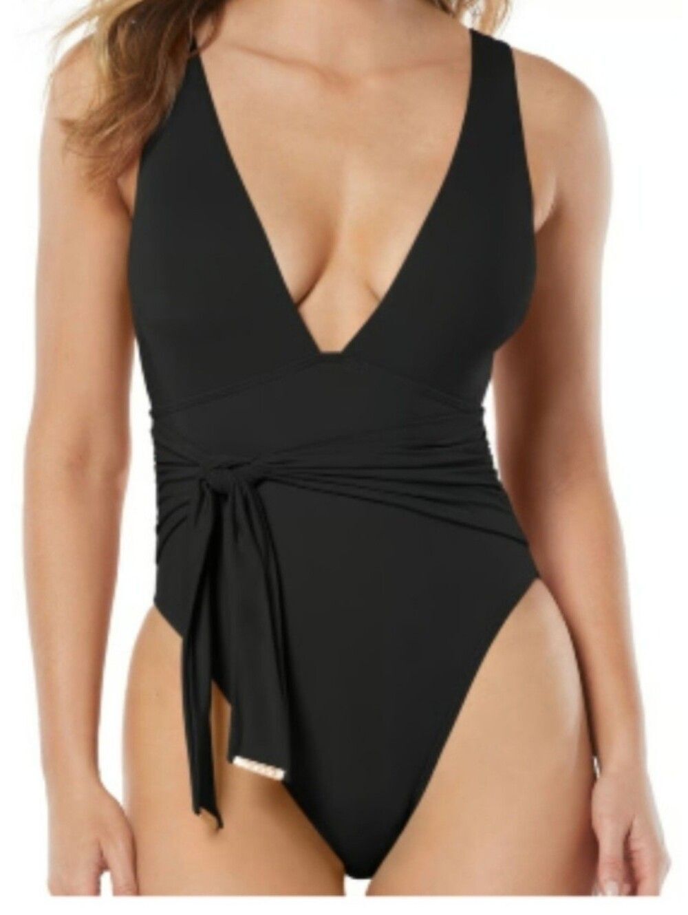 New Vince Camuto Belted Plunge- Neck One-Piece Swimsuit Black Size 14